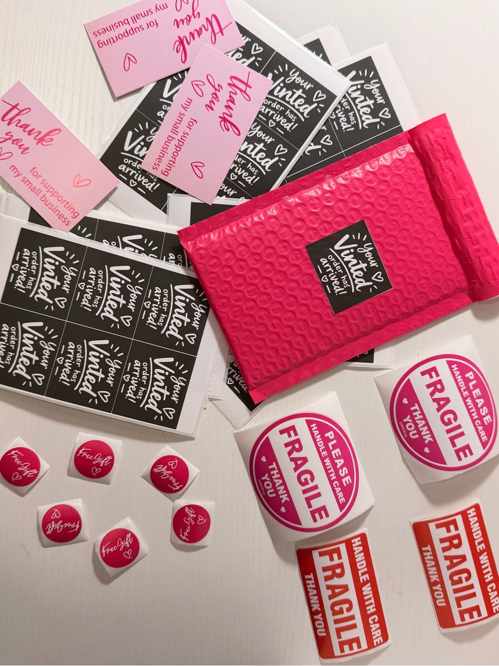 Premium Pink Bubble Mailers with Matching Pink Fragile & Thank You Labels